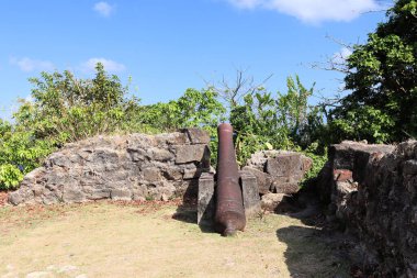 Karayipler 'deki antik topçu kalesi, Panama Kanalı yakınında, eski toplar.