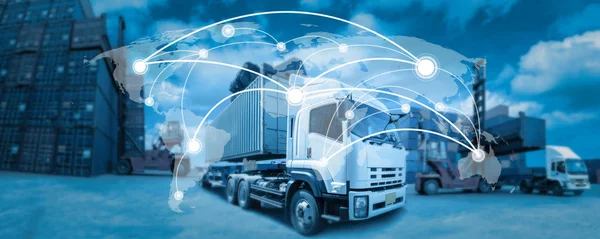 Kaart van de wereld dekking wereldwijd netwerk, Truck met industriële Container — Stockfoto