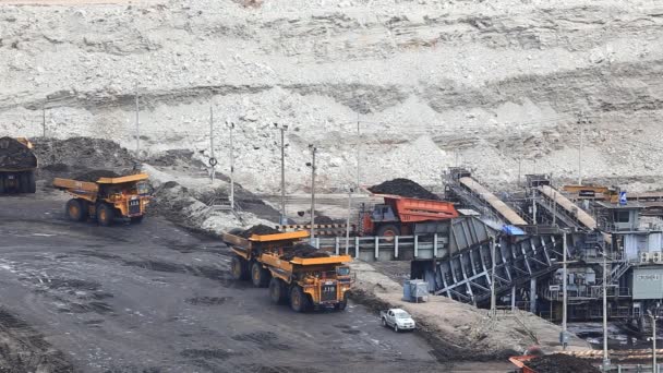 Tunga anläggningsbilar tipper dumpa kol till transportband vid kol gruva — Stockvideo