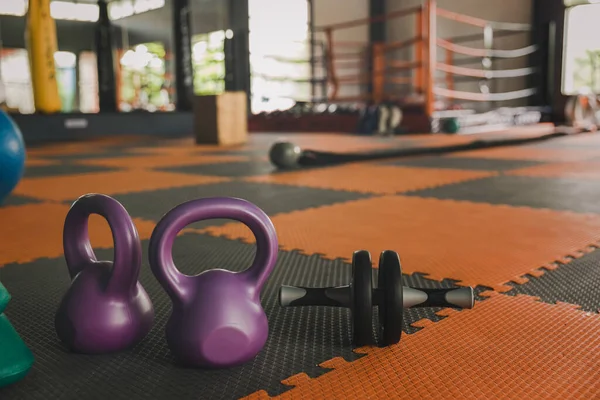 Kettlebell Swing Gym Exercise Indoor Workout Kettlebell Dumbell Concept Add — Stock Photo, Image