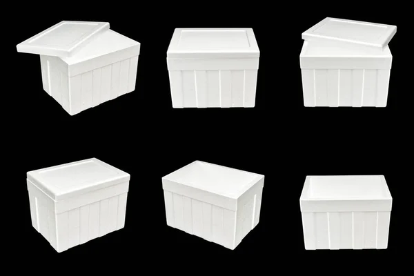 Set di scatola di immagazzinaggio di polistirolo isolato su sfondo nero . — Foto Stock