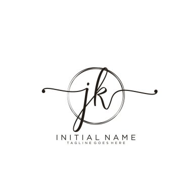 Dairesel şablon vektörlü Jk İlk el yazısı logosu.