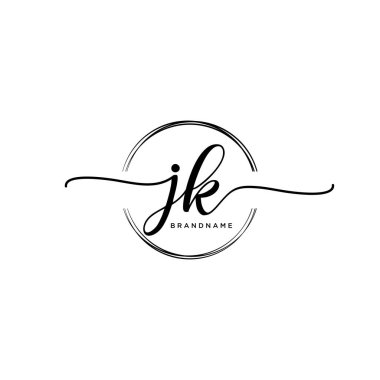 Dairesel şablon vektörlü Jk İlk el yazısı logosu.