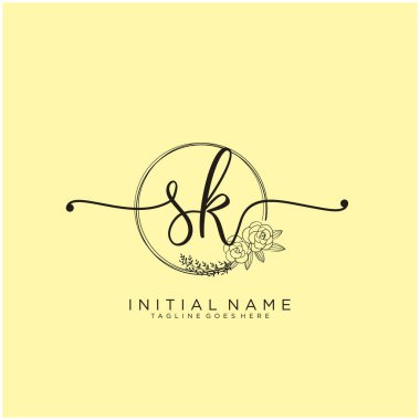 Sk Letter İlk Güzellik Monogramı ve zarif logo tasarımı, ilk imzadan oluşan el yazısı logosu, düğün, moda, çiçek ve botanik yaratıcı şablon tasarımı.