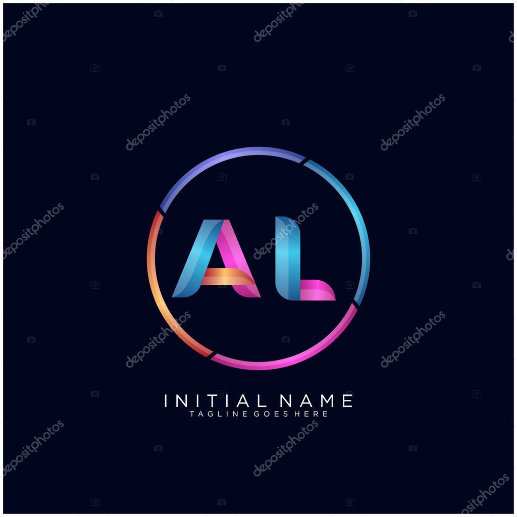 Initial letter AL curve rounded logo, gradient vibrant colorful glossy colors on black background