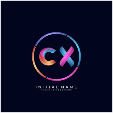 İlk harf Cx eğrisi yuvarlak logo, siyah arkaplanda rengarenk parlak renkler 