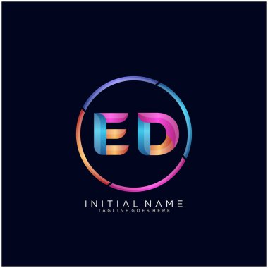 İlk harf Ed eğrisi yuvarlak logo, siyah arkaplan üzerinde rengarenk parlak renkler 