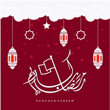 Ramazan Kareem tebrik kartı. Sosyal medya Ramadhan Mübarek 'in şablonunu gönderdi. Tercümesi: Mutlu Ramazanlar. Müslümanlar için bir aylık oruç. Arapça Kaligrafi. Vektör İllüstrasyonu