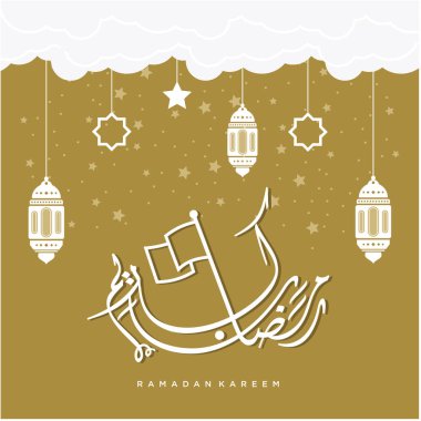 Ramazan Kareem tebrik kartı. Sosyal medya Ramadhan Mübarek 'in şablonunu gönderdi. Tercümesi: Mutlu Ramazanlar. Müslümanlar için bir aylık oruç. Arapça Kaligrafi. Vektör İllüstrasyonu