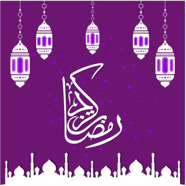 Ramazan Kareem tebrik kartı. Sosyal medya Ramadhan Mübarek 'in şablonunu gönderdi. Tercümesi: Mutlu Ramazanlar. Müslümanlar için bir aylık oruç. Arapça Kaligrafi. Vektör İllüstrasyonu