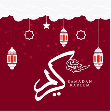 Ramazan Kareem tebrik kartı. Sosyal medya Ramadhan Mübarek 'in şablonunu gönderdi. Tercümesi: Mutlu Ramazanlar. Müslümanlar için bir aylık oruç. Arapça Kaligrafi. Vektör İllüstrasyonu