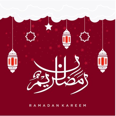 Ramazan Kareem tebrik kartı. Sosyal medya Ramadhan Mübarek 'in şablonunu gönderdi. Tercümesi: Mutlu Ramazanlar. Müslümanlar için bir aylık oruç. Arapça Kaligrafi. Vektör İllüstrasyonu