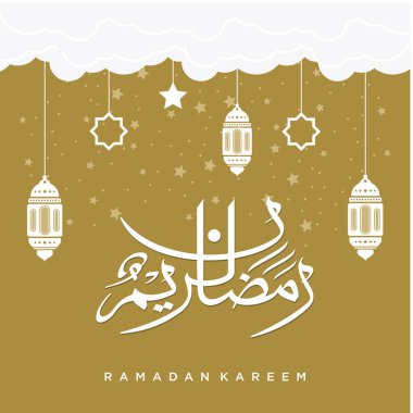 Ramazan Kareem tebrik kartı. Sosyal medya Ramadhan Mübarek 'in şablonunu gönderdi. Tercümesi: Mutlu Ramazanlar. Müslümanlar için bir aylık oruç. Arapça Kaligrafi. Vektör İllüstrasyonu