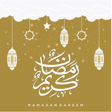 Ramazan Kareem tebrik kartı. Sosyal medya Ramadhan Mübarek 'in şablonunu gönderdi. Tercümesi: Mutlu Ramazanlar. Müslümanlar için bir aylık oruç. Arapça Kaligrafi. Vektör İllüstrasyonu