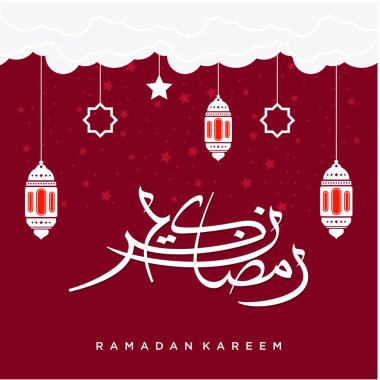Ramazan Kareem tebrik kartı. Sosyal medya Ramadhan Mübarek 'in şablonunu gönderdi. Tercümesi: Mutlu Ramazanlar. Müslümanlar için bir aylık oruç. Arapça Kaligrafi. Vektör İllüstrasyonu