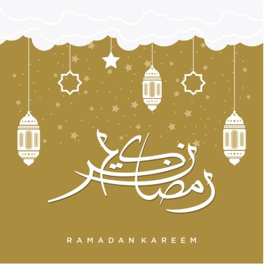 Ramazan Kareem tebrik kartı. Sosyal medya Ramadhan Mübarek 'in şablonunu gönderdi. Tercümesi: Mutlu Ramazanlar. Müslümanlar için bir aylık oruç. Arapça Kaligrafi. Vektör İllüstrasyonu