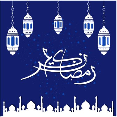 Ramazan Kareem tebrik kartı. Sosyal medya Ramadhan Mübarek 'in şablonunu gönderdi. Tercümesi: Mutlu Ramazanlar. Müslümanlar için bir aylık oruç. Arapça Kaligrafi. Vektör İllüstrasyonu