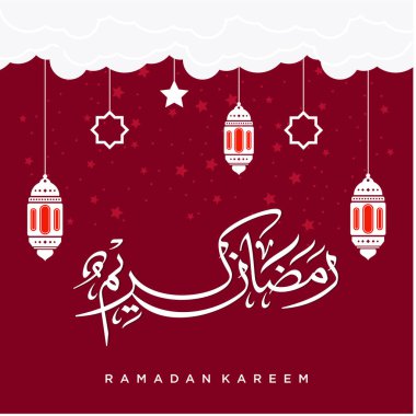 Ramazan Kareem tebrik kartı. Sosyal medya Ramadhan Mübarek 'in şablonunu gönderdi. Tercümesi: Mutlu Ramazanlar. Müslümanlar için bir aylık oruç. Arapça Kaligrafi. Vektör İllüstrasyonu