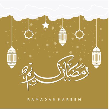 Ramazan Kareem tebrik kartı. Sosyal medya Ramadhan Mübarek 'in şablonunu gönderdi. Tercümesi: Mutlu Ramazanlar. Müslümanlar için bir aylık oruç. Arapça Kaligrafi. Vektör İllüstrasyonu