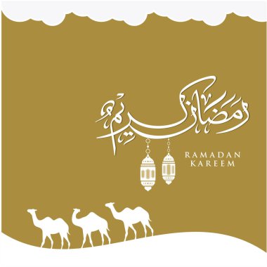 Ramazan Kareem tebrik kartı. Sosyal medya Ramadhan Mübarek 'in şablonunu gönderdi. Tercümesi: Mutlu Ramazanlar. Müslümanlar için bir aylık oruç. Arapça Kaligrafi. Vektör İllüstrasyonu