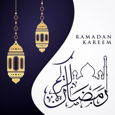 Ramazan Kareem tebrik kartı. Sosyal medya Ramadhan Mübarek 'in şablonunu gönderdi. Tercümesi: Mutlu Ramazanlar. Müslümanlar için bir aylık oruç. Arapça Kaligrafi. Vektör İllüstrasyonu
