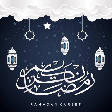 Ramazan Kareem tebrik kartı. Sosyal medya Ramadhan Mübarek 'in şablonunu gönderdi. Tercümesi: Mutlu Ramazanlar. Müslümanlar için bir aylık oruç. Arapça Kaligrafi. Vektör İllüstrasyonu