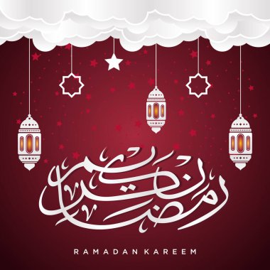 Ramazan Kareem tebrik kartı. Sosyal medya Ramadhan Mübarek 'in şablonunu gönderdi. Tercümesi: Mutlu Ramazanlar. Müslümanlar için bir aylık oruç. Arapça Kaligrafi. Vektör İllüstrasyonu