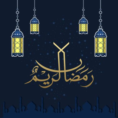 Ramazan Kareem tebrik kartı. Sosyal medya Ramadhan Mübarek 'in şablonunu gönderdi. Tercümesi: Mutlu Ramazanlar. Müslümanlar için bir aylık oruç. Arapça Kaligrafi. Vektör İllüstrasyonu