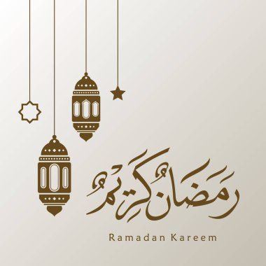Ramazan Kareem tebrik kartı. Sosyal medya Ramadhan Mübarek 'in şablonunu gönderdi. Tercümesi: Mutlu Ramazanlar. Müslümanlar için bir aylık oruç. Arapça Kaligrafi. Vektör İllüstrasyonu