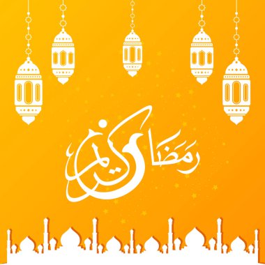 Ramazan Kareem tebrik kartı. Sosyal medya Ramadhan Mübarek 'in şablonunu gönderdi. Tercümesi: Mutlu Ramazanlar. Müslümanlar için bir aylık oruç. Arapça Kaligrafi. Vektör İllüstrasyonu