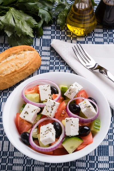greek salad in white bowl