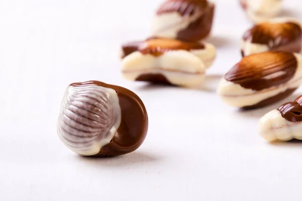 白いテーブルの上のチョコレートの貝殻 — ストック写真