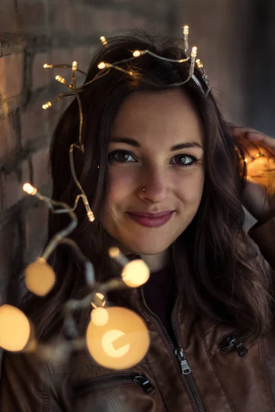 Portrait Beautiful Young Woman Holding Little Lights — Stock Photo, Image