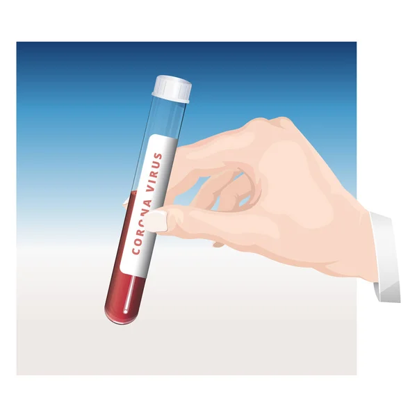 带Corona病毒标签的玻璃管中的人类手持血液样本 — 图库矢量图片