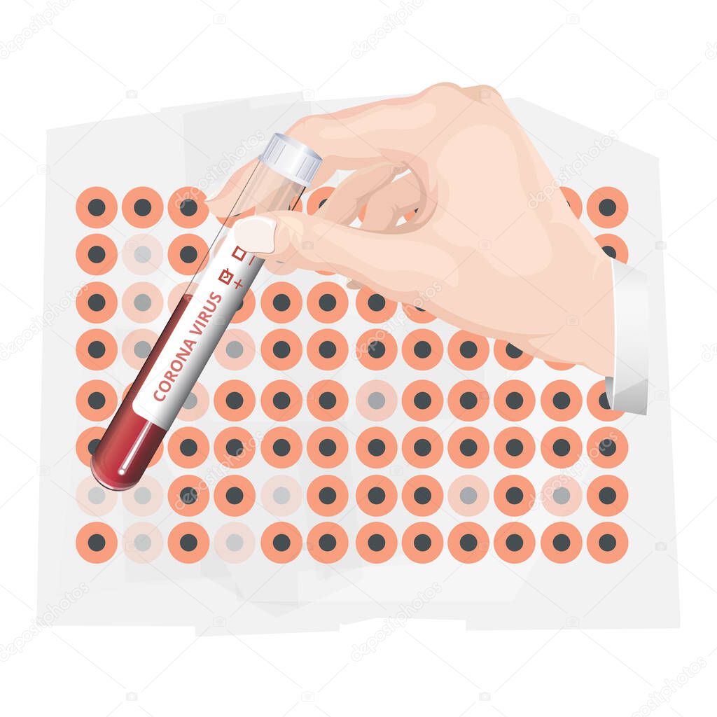 Human Hand holding Blood Sample in Glass Collection Tube with Corona Virus Label - Illustration