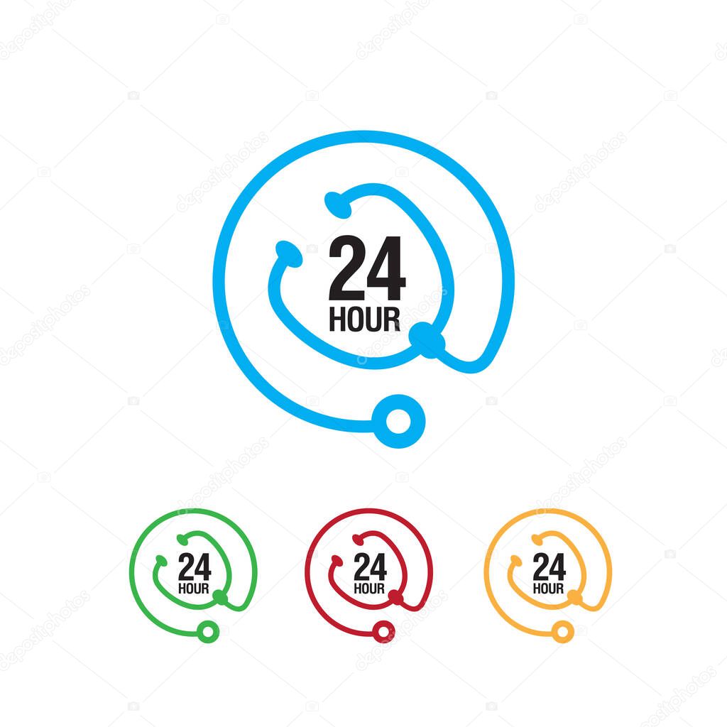 24 hours doctor service logo iconvector.  sign of 24/7 day and night healthcare medical services button symbol.