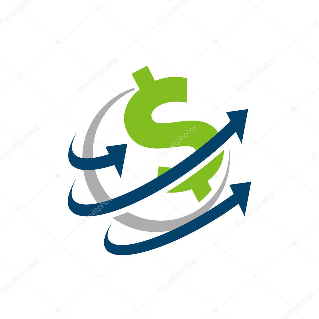 Business corporate US dollar logo design. USA american currency sign with globe symbol and arrow icon vector illustrations