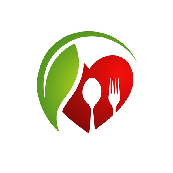 Silhueta de design de logotipo de alimentação saudável de garfo de colher de coração e lea — Vetor de Stock