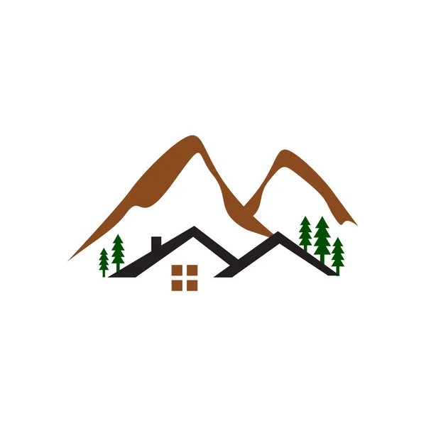 Hütte im Wald Logo-Design mit Berg und Baumvektor krank — Stockvektor