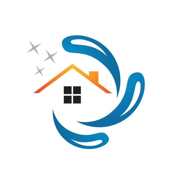 Maison nettoyage logo design avec de l'eau et l'icône de symbole de brillance — Image vectorielle