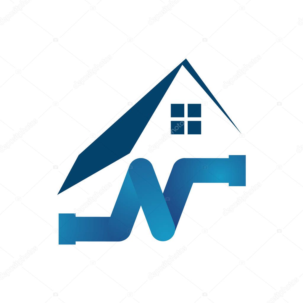 Home exterior pipe installation house roof gutter logo design vector template