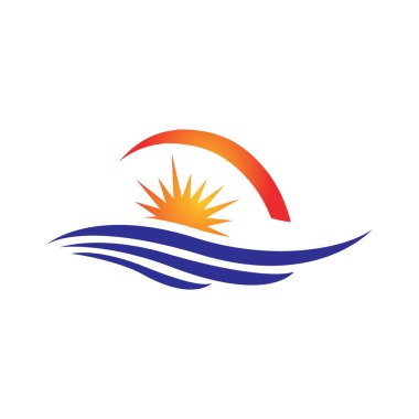 Basit, soyut günbatımı logo tasarım vektörü sarı güneş ve mavi deniz dalgaları çizimi