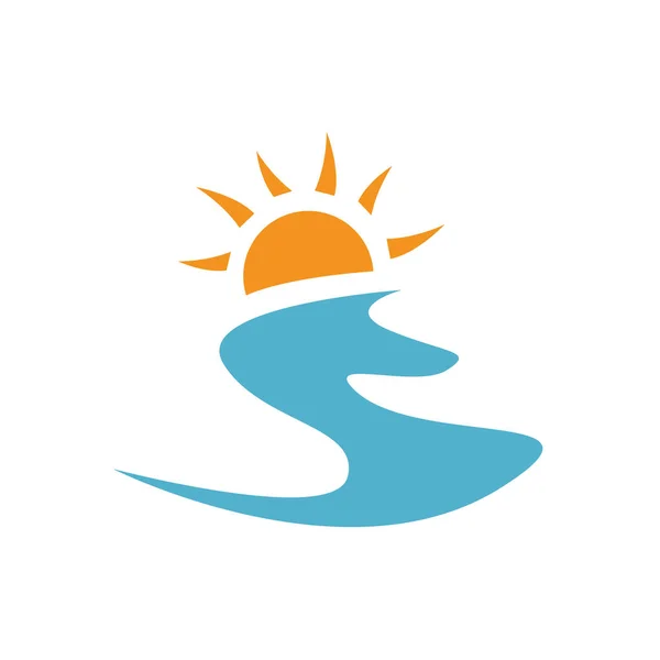 黄色の太陽と青い海の波のシンプルな現代抽象的な日没のロゴデザインベクトルイラスト比率 — ストックベクタ