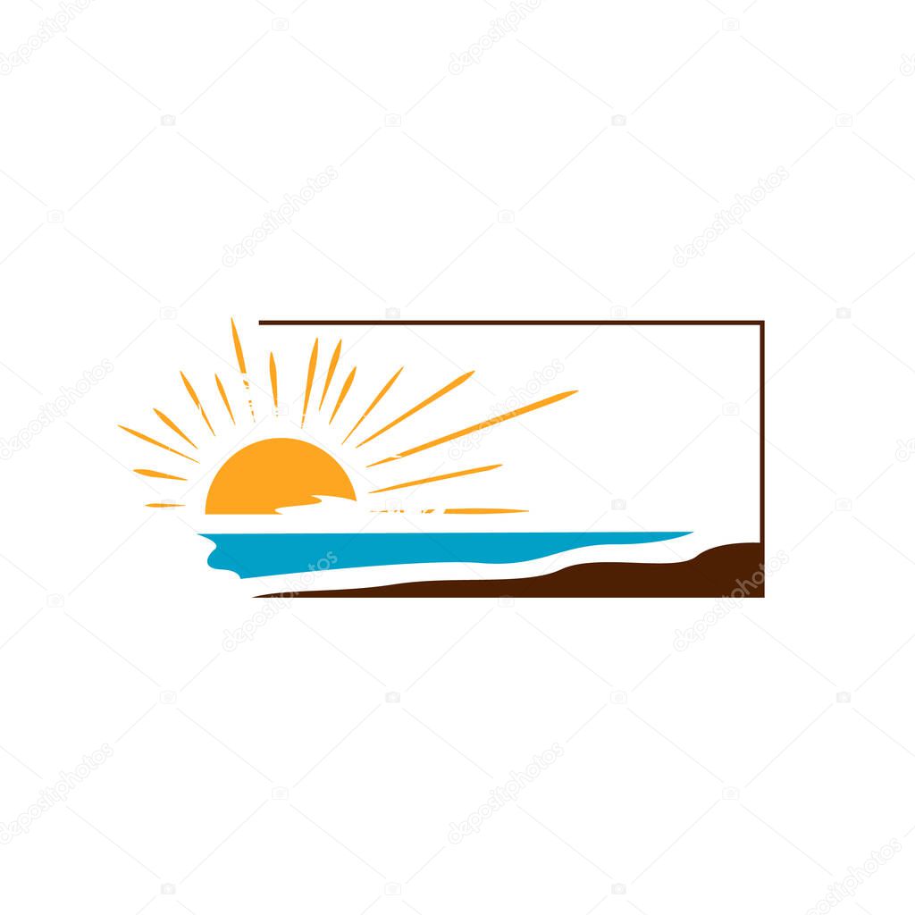 simple sunset logo design vector of yellow sun and blue sea waves on the frame illustration