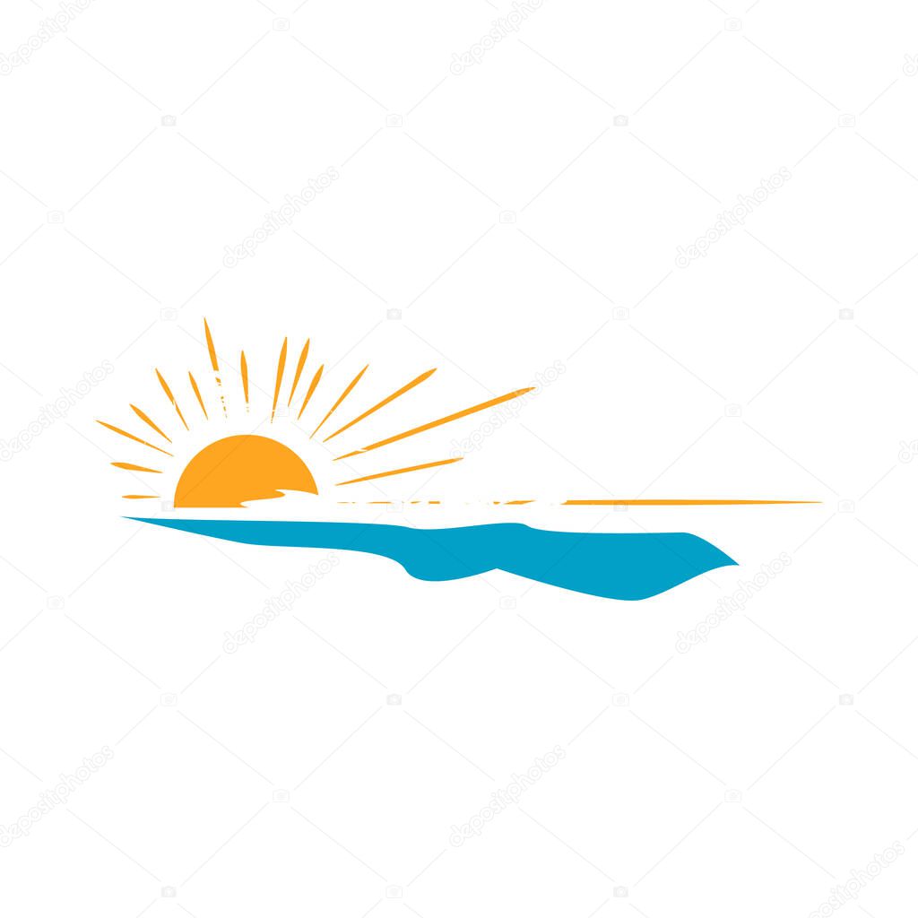simple sunset logo design vector of yellow sun and blue sea waves on the frame illustration