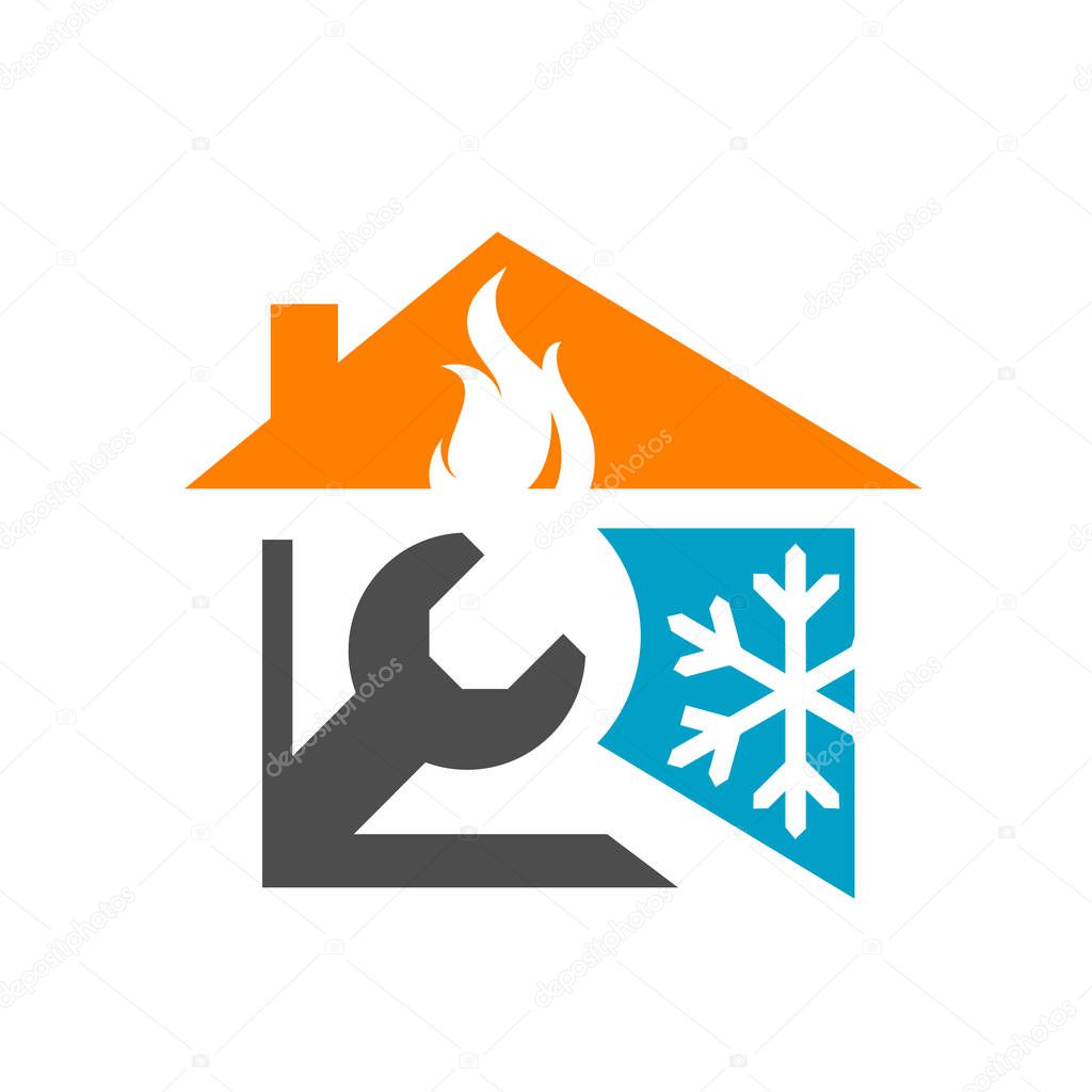 Combination of fire roof wrench and snow flakes icon for hvac logo design vector business company