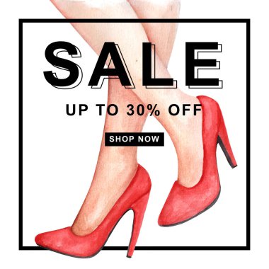 Yüksek topuklu ayakkabılar kırmızı suluboya satış afişi