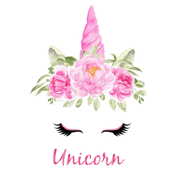 Watercolor head of unicorn with floral wreath pink on white background — Stock Vector