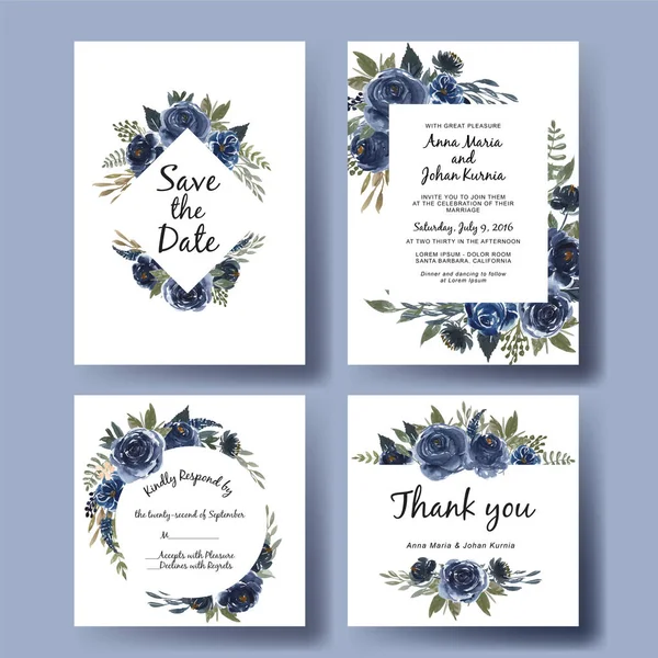 Conjunto de invitación de boda de ramo de flores de acuarela azul marino — Vector de stock