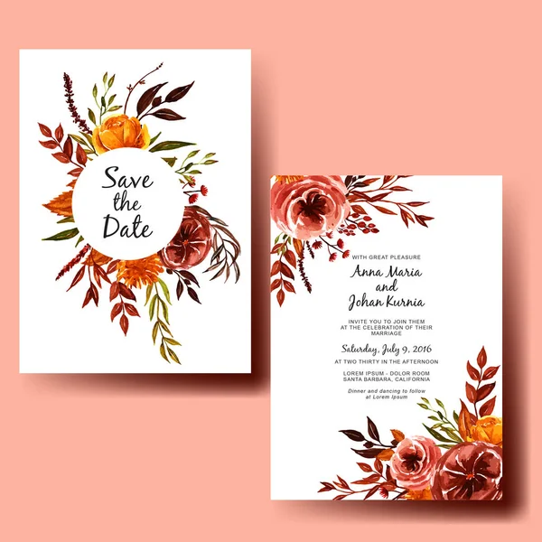 Acuarela naranja, marrón, amarillo otoño floral boda invitación — Vector de stock